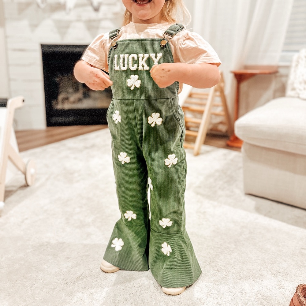 Lucky Green Corduroy Kids Overalls with Clover Appliqués